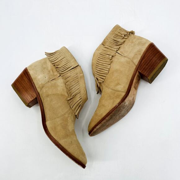 Joie Tan Suede Fringe Low Heeled Booties - Picture 2 of 5